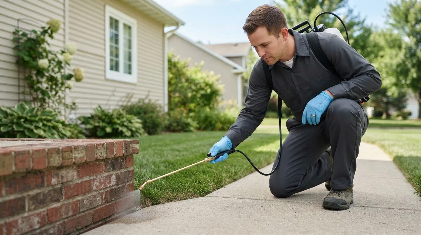 Pest control technician treating a home near Dearborn, MI